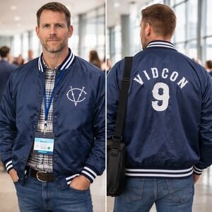 Cardinal VidCon 9 Varsity Bomber Jacket Navy Blue Mens Medium Snap Front Satin